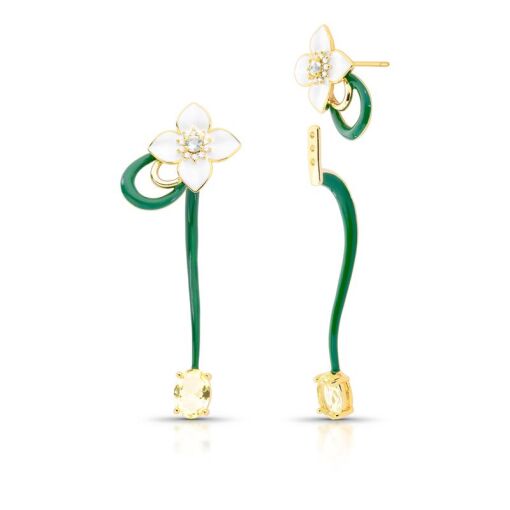 BRINCO EAR JACKET DE FLOR E ESMALTADO BANHADO A OURO