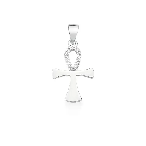 PINGENTE CRUZ DE ANSATA BRANCO PRATA RODINADA