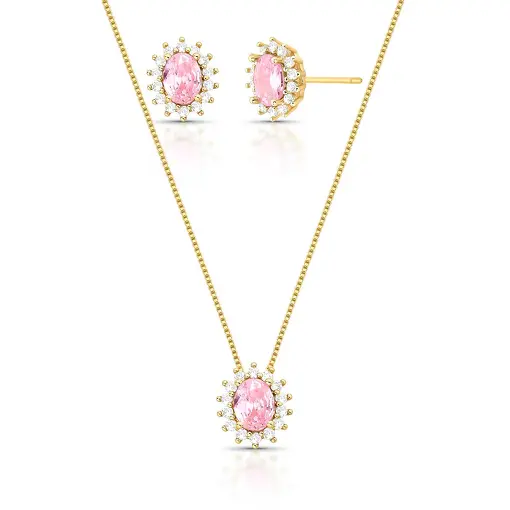 CONJUNTO BRINCO E COLAR COM CRISTAL OVAL E ZIRCÔNIAS