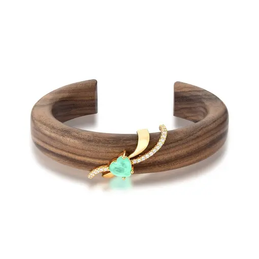 BRACELETE MADEIRA JACARANDÁ CORAÇÃO EM TURMALINA BANHADO A OURO