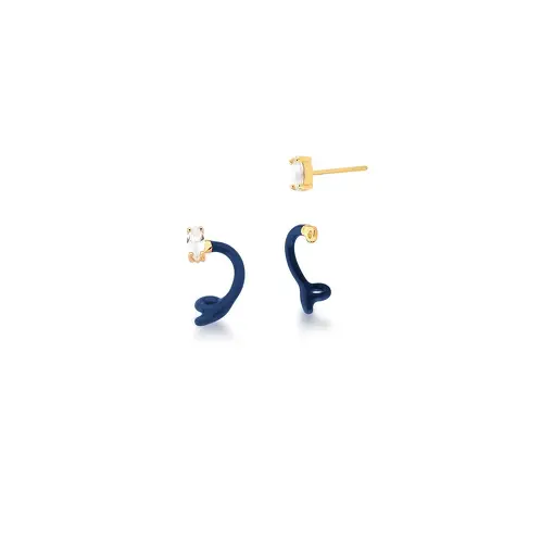 BRINCO EAR JACKET ESMALTADO AZUL ESCURO E CRISTAL BANHADO A OURO