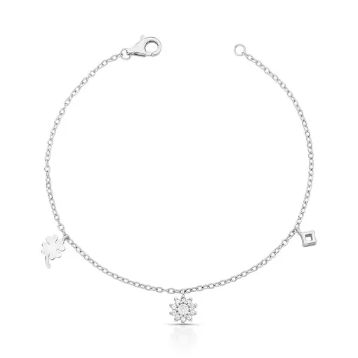 PULSEIRA COM PINGENTES DE FLOR TREVO E LOSANGO PRATA RODINADA