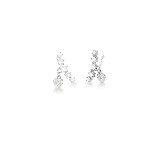 BRINCO EAR CUFF CRISTAIS REDONDOS E CORAÇÃO PRATA RODINADA