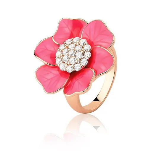 ANEL FLOR ESMALTADA NA COR ROSA FOLHEADO A OURO ROSÊ ESCURO