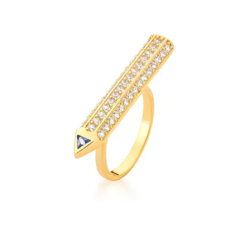 ANEL LÁPIS CRAVEJADO COM ZIRCÔNIAS E CRISTAL AZUL BANHADO A OURO