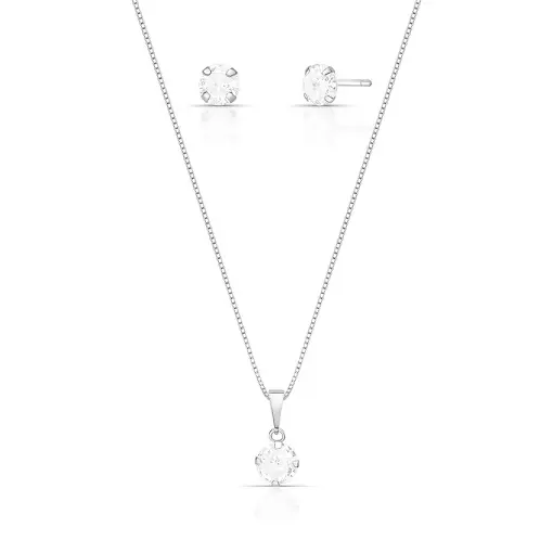 CONJUNTO BRINCO E CORRENTE CRISTAL REDONDO PRATA LISA