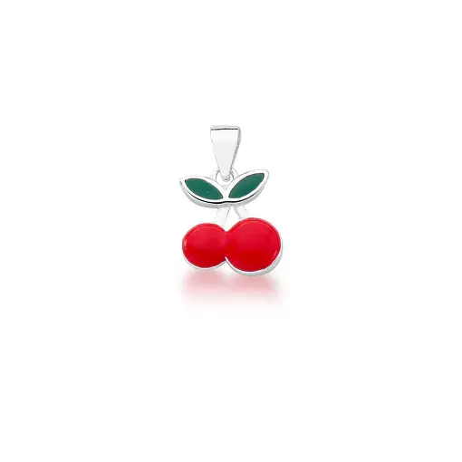 PINGENTE KIDS DE CEREJA ESMALTADO VERMELHO E VERDE PRATA LISA