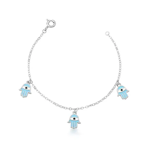 PULSEIRA KIDS COM PINGENTES MÃO DE FÁTIMA E OLHO PRATA RODINADA