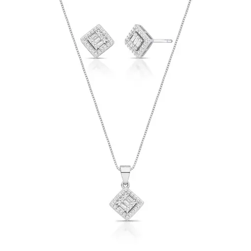 CONJUNTO BRINCO E PINGENTE QUADRADO COM ZIRCÔNIAS