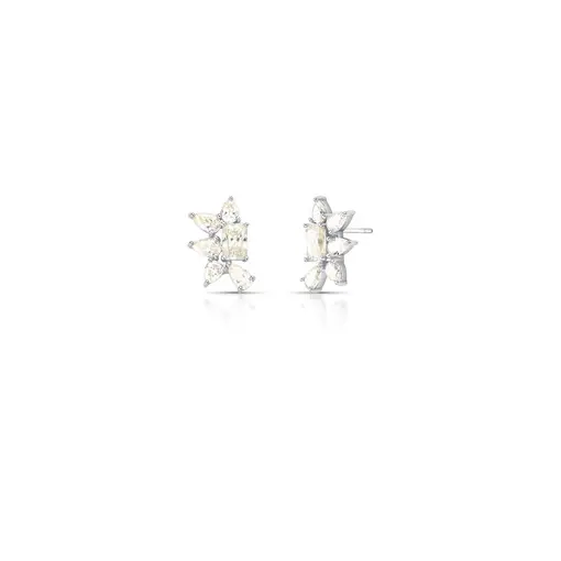 BRINCO DE FLOR COM CRISTAIS MOISSANITE PRATA RODINADA