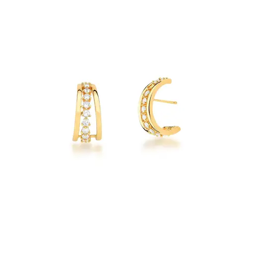 BRINCO EAR HOOK CURVO COM CRISTAIS REDONDOS  BANHADO A OURO