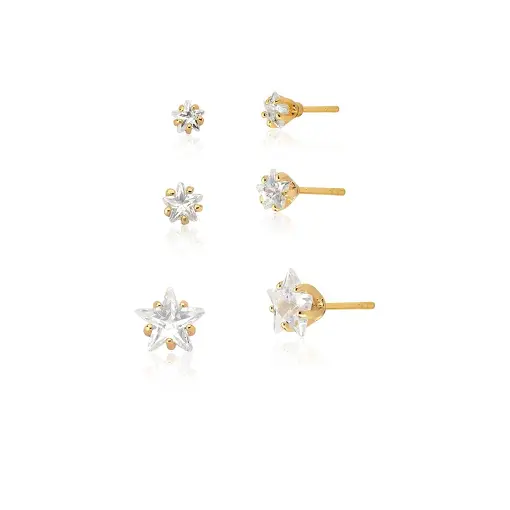 KIT TRÊS PARES DE BRINCOS CRISTAL ESTRELA BRANCA FOLHEADO A OURO