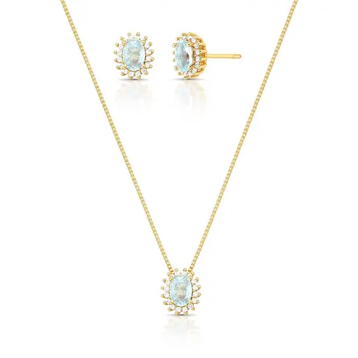 CONJUNTO BRINCO E COLAR COM CRISTAL OVAL E ZIRCÔNIAS