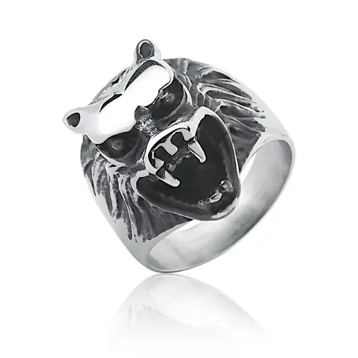 ANEL CABEÇA DE LOBO LISO EM AÇO