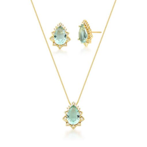 CONJUNTO BRINCO E COLAR COM PINGENTE GOTA BANHADO A OURO
