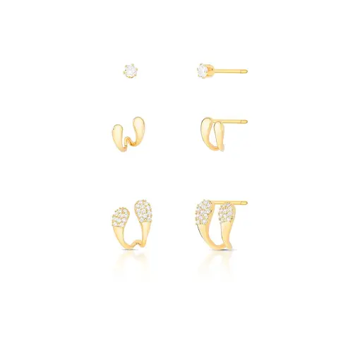TRIO DE BRINCOS COM CRISTAL REDONDO E GOTAS CURVAS