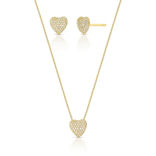 CONJUNTO BRINCO E COLAR DE CORAÇÃO COM ZIRCÔNIAS