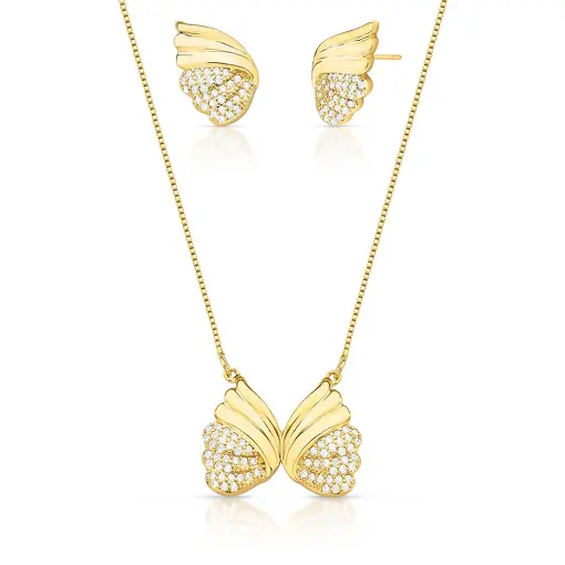 CONJUNTO BRINCO E CORRENTE COM PINGENTE ASA BANHADA A OURO