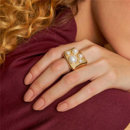 ANEL CURVO COM PÉROLA SHELL BANHADO A OURO