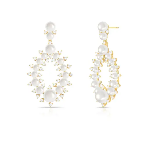 BRINCO PÊNDULO DE GOTA VAZADO COM CRISTAIS E PÉROLA SHELL