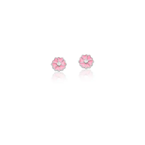 BRINCO FLOR ESMALTADO ROSA E PONTO DE LUZ PRATA RODINADA