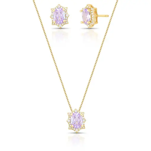 CONJUNTO BRINCO E COLAR COM CRISTAL OVAL E ZIRCÔNIAS