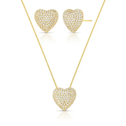CONJUNTO DE BRINCO E COLAR DE CORAÇÃO COM ZIRCÔNIAS