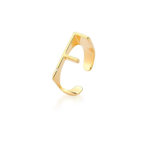 ANEL REGULÁVEL LETRA "F" LISO COM ZIRCÔNIA BRANCA BANHADO A OURO