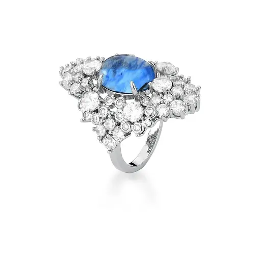 ANEL LOSANGO COM CABOCHÃO TOPÁZIO AZUL BANHADO A RÓDIO