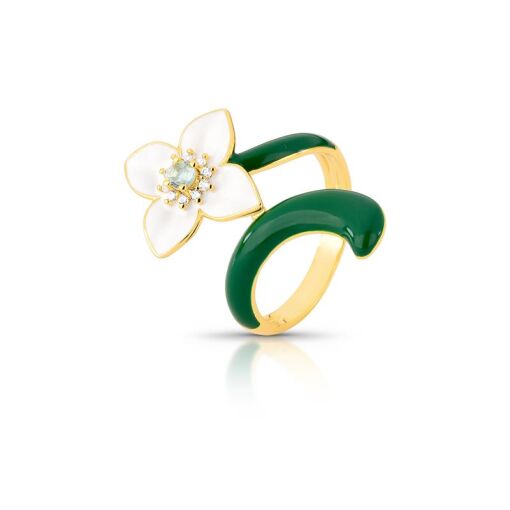ANEL DE FLOR ESMALTADO COM CRISTAL E ZIRCÔNIA BANHADO A OURO