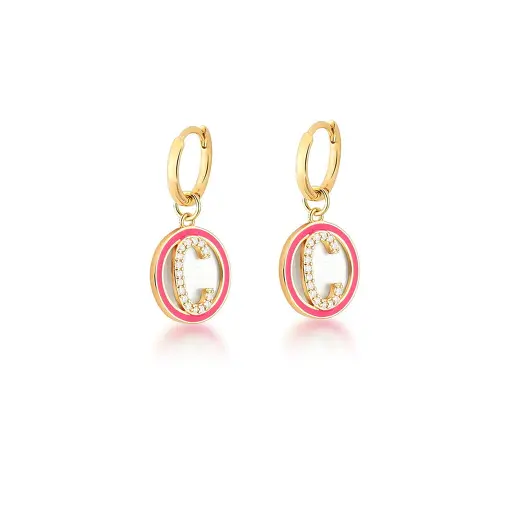 ARGOLA 2 EM 1 COM PINGENTE LETRA "C" ROSA BANHADA A OURO