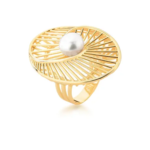 ANEL OVAL CURVO VAZADO E PÉROLA SHELL BANHADO A OURO