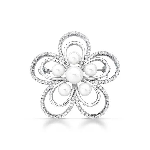 BROCHE DE FLOR COM ZIRCÔNIA E PÉROLA SHELL BANHADO A RÓDIO
