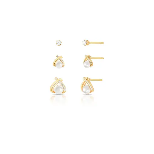 TRIO DE BRINCOS COM CRISTAL REDONDO E PÉROLAS