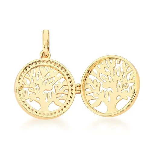 PINGENTE RELICÁRIO REDONDO COM ÁRVORE DA VIDA BANHADO A OURO