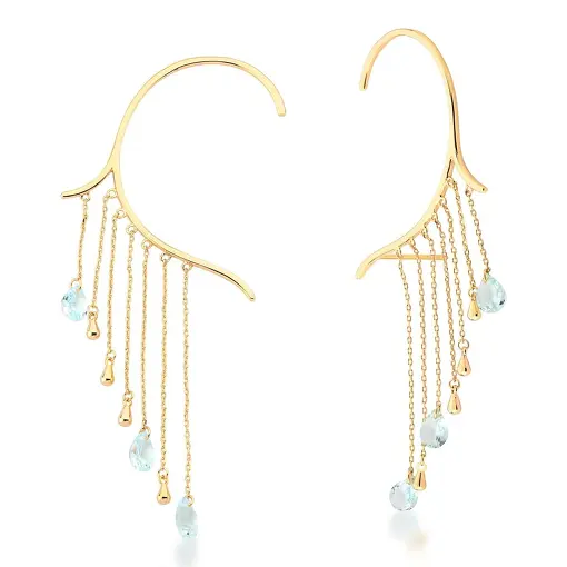 BRINCO EAR CUFF E ZIRCÔNIAS EM GOTA ÁGUA MARINHA BANHADO A OURO