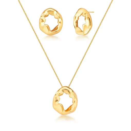 CONJUNTO COLAR E BRINCO OVAL VAZADO TEXTURIZADO