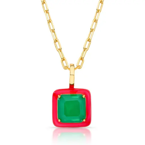 COLAR COM PINGENTE ESMALTADO E QUADRADO COM FECHO E CRISTAL