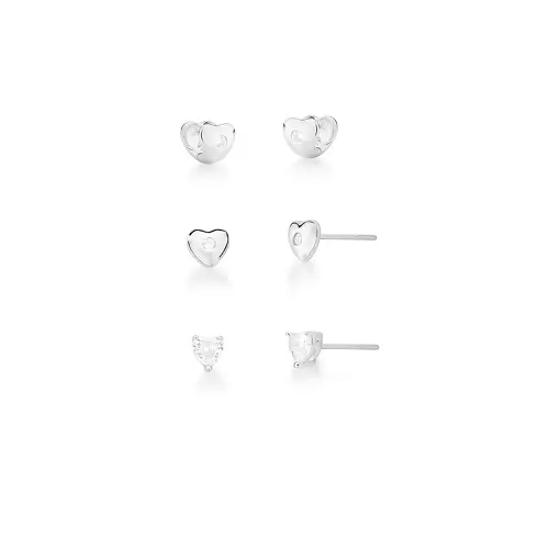 KIT TRÊS PARES DE BRINCO CORAÇÃO COM CRISTAL PRATA LISA