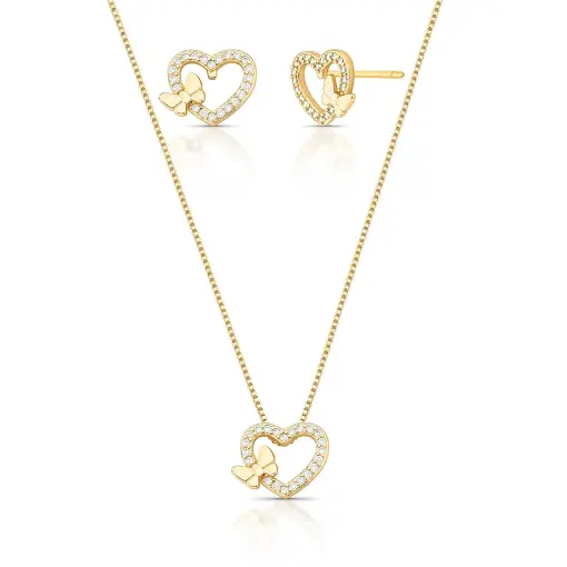CONJUNTO BRINCO E COLAR DE CORAÇÃO COM LAÇO E ZIRCÔNIAS