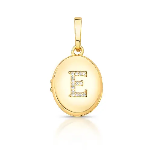 PINGENTE OVAL RELICÁRIO LETRA "E" COM ZIRCÔNIAS E FECHO