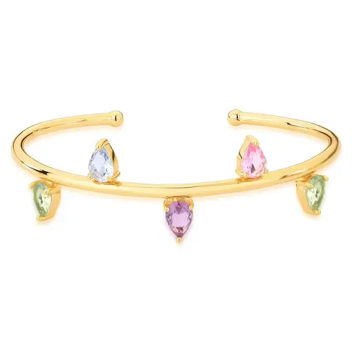 BRACELETE COM CRISTAIS EM GOTA COLORIDOS BANHADO A OURO