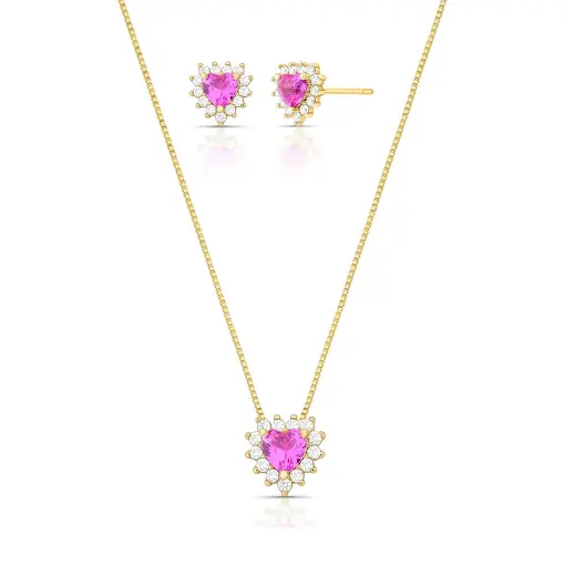 CONJUNTO BRINCO E COLAR DE CORAÇÃO COM CRISTAL E ZIRCÔNIAS