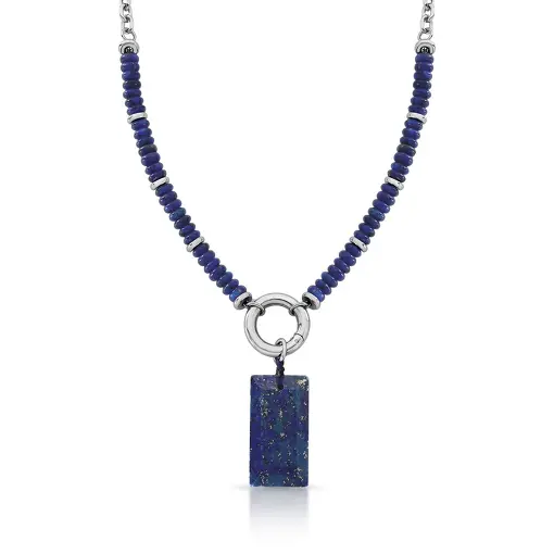 COLAR COM PEDRAS E PINGENTE RETANGULAR AÇO