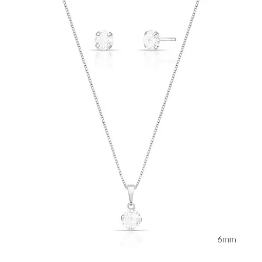 CONJUNTO BRINCO E CORRENTE CRISTAL REDONDO PRATA LISA