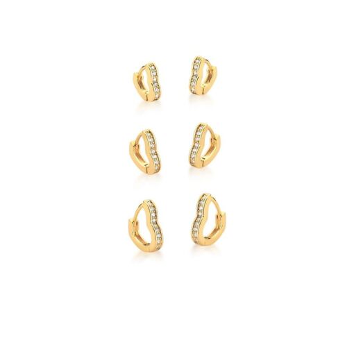 KIT TRÊS PARES DE ARGOLAS DE CORAÇÃO BRANCO BANHADO A OURO