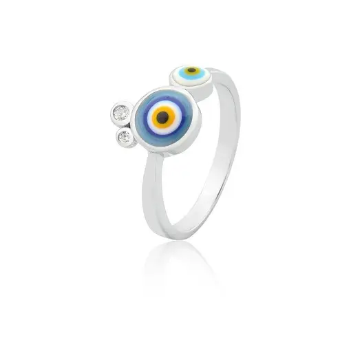 ANEL COM DOIS OLHOS GREGOS ESMALTADOS PRATA RODINADA