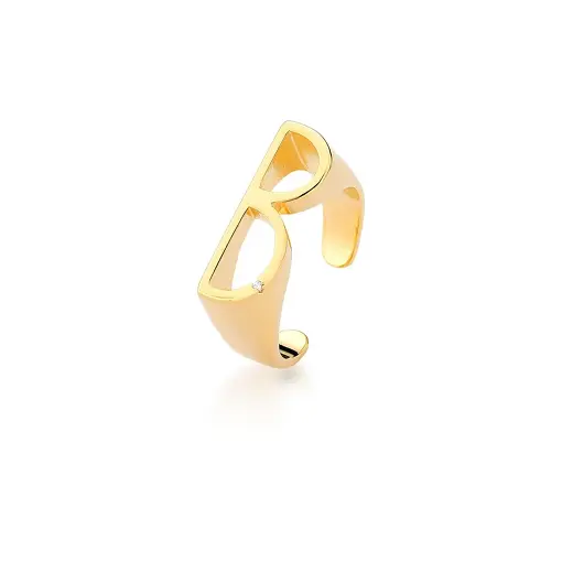 ANEL REGULÁVEL LETRA "B" LISO COM ZIRCÔNIA BRANCA BANHADO A OURO